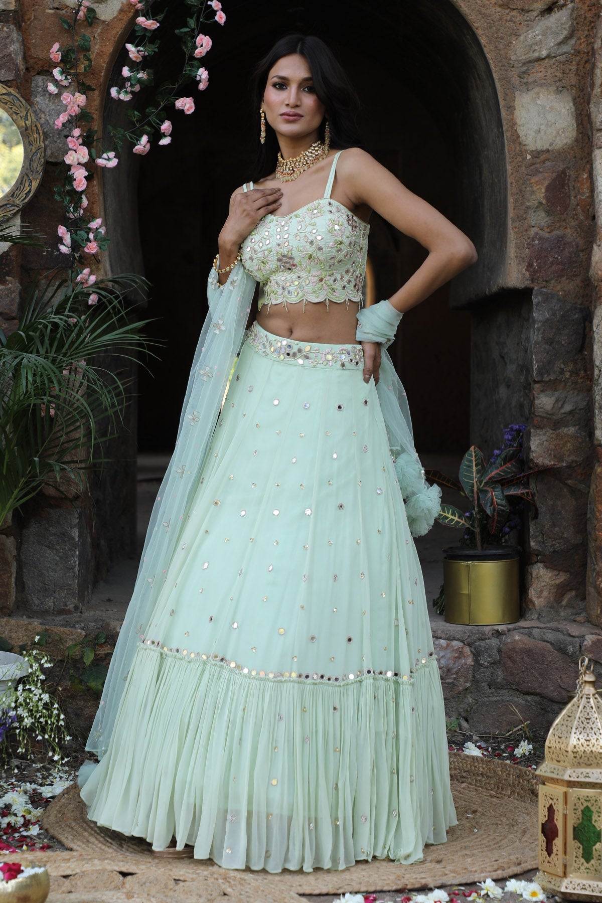 Buy Mint Green Zari Work Lehenga Set by Nitisha Kashyap for women online at ScrollnShops