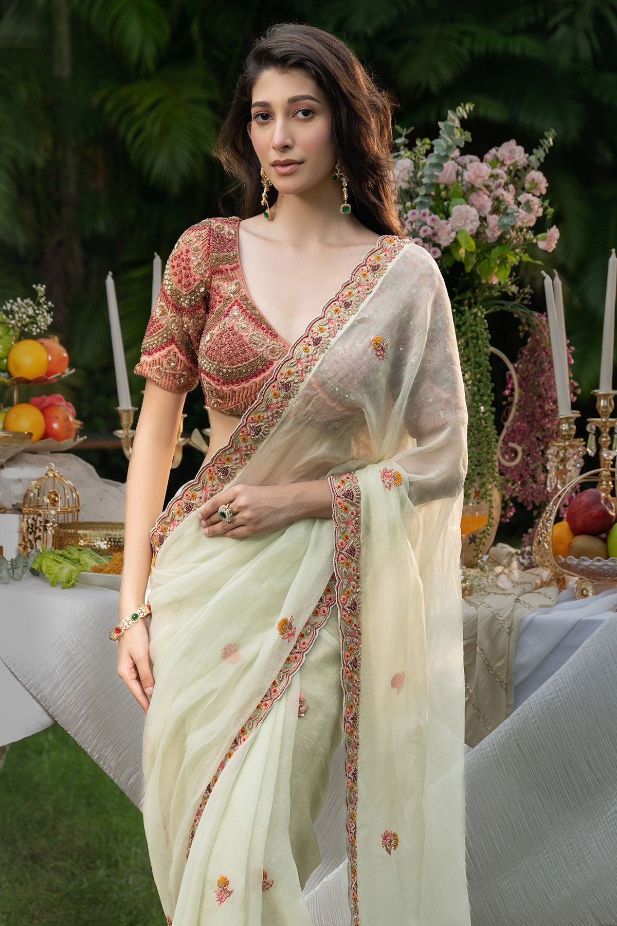 Mint Hand Embroidered Saree Set