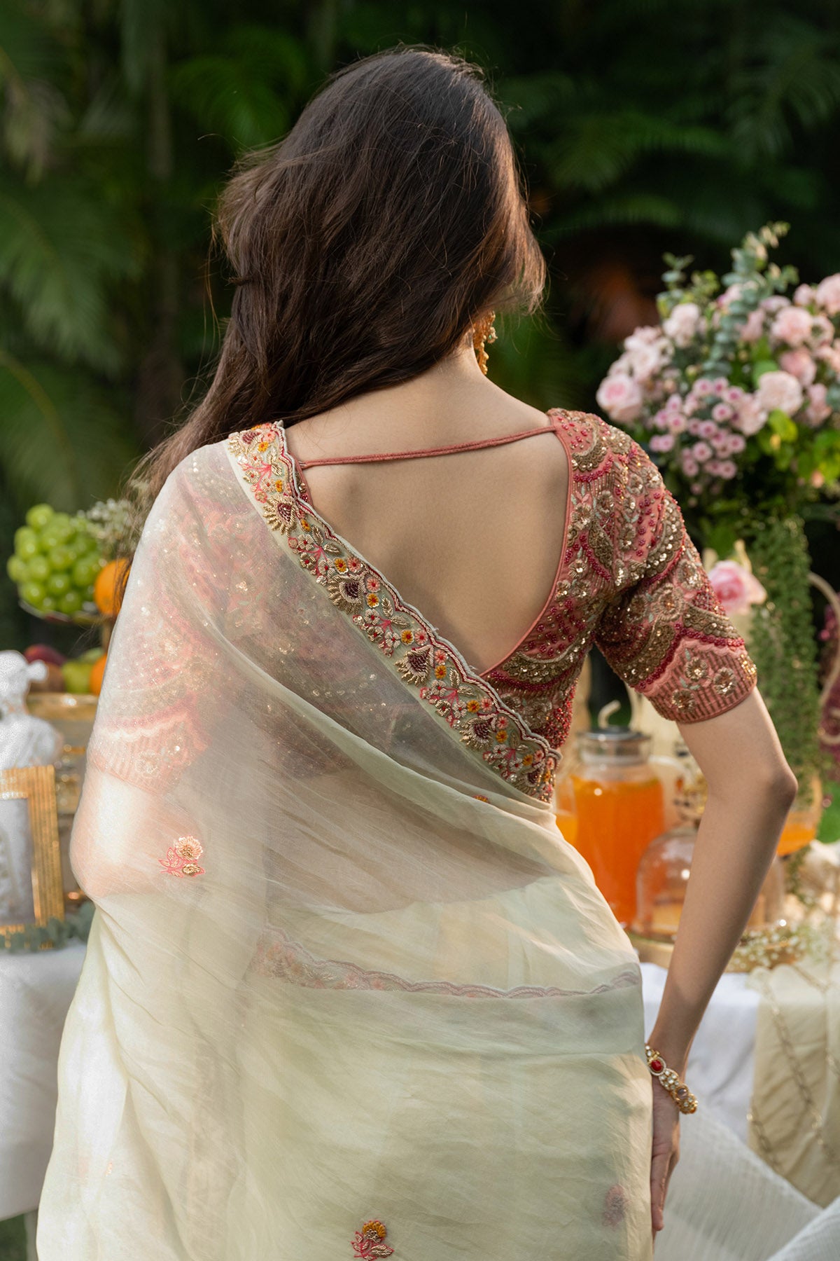 Mint Hand Embroidered Saree Set