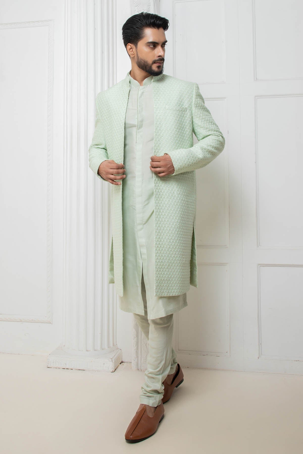 Darshika Menswear Mint Long Jacket & Kurta Set for men online at ScrollnShops