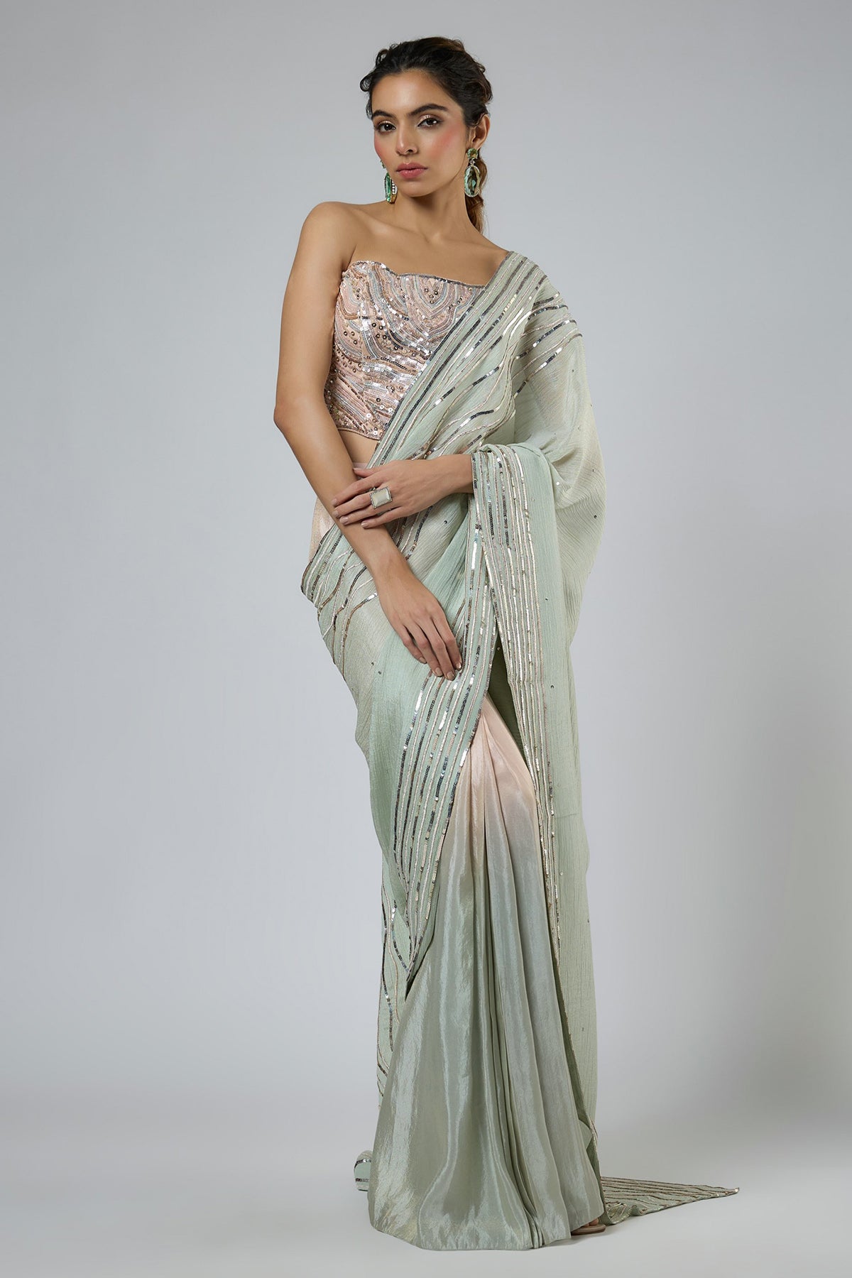 Mint & Pink Embroidered Saree