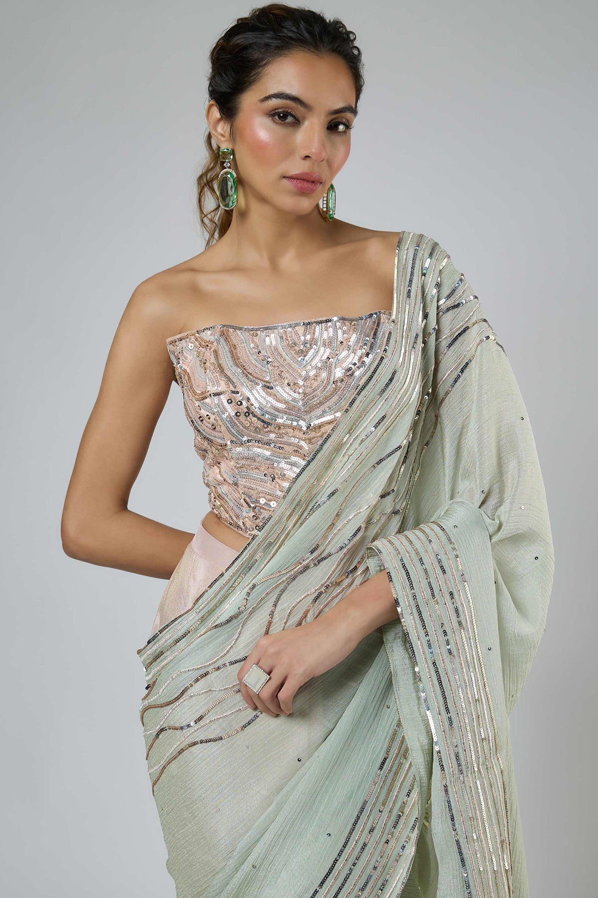Mint & Pink Embroidered Saree