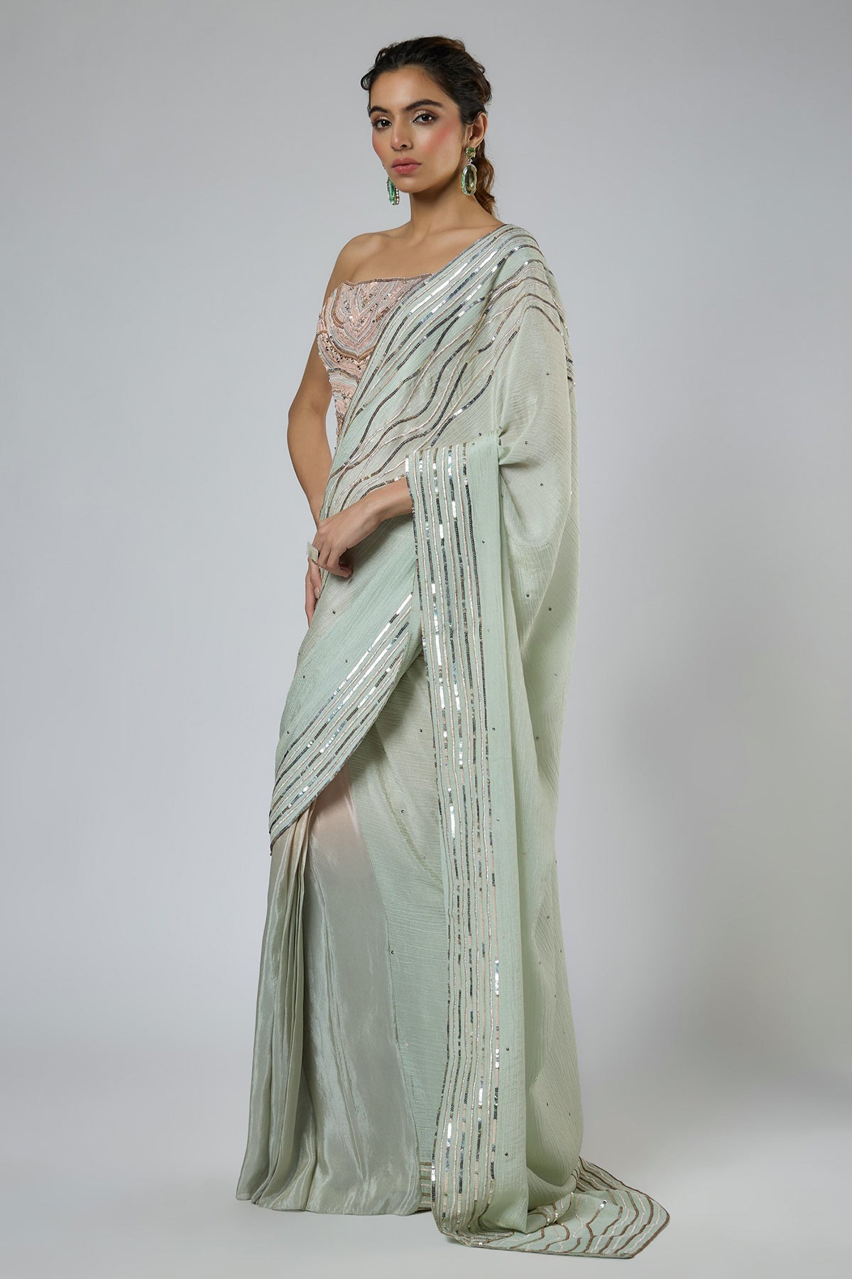 Mint & Pink Embroidered Saree