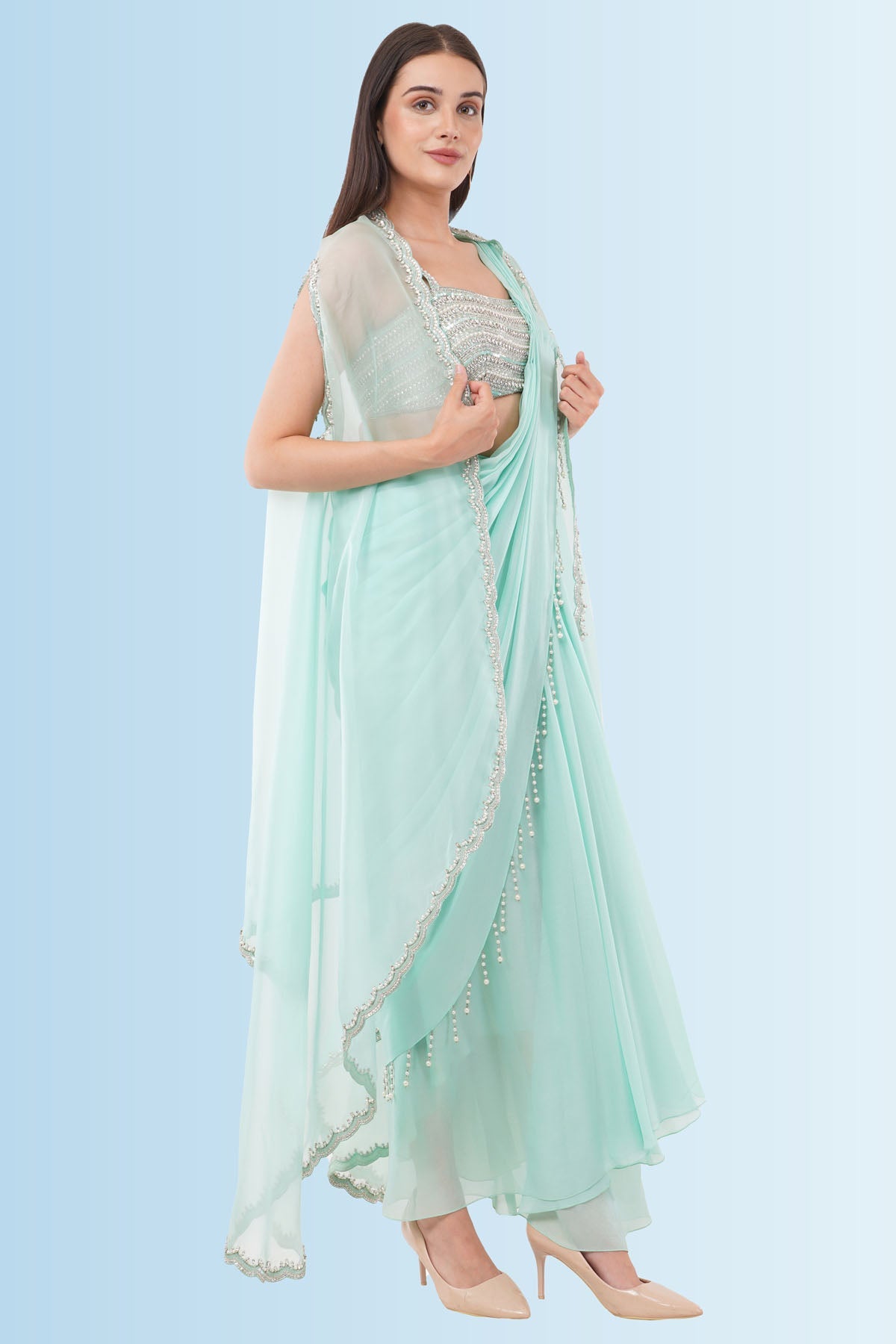 Anjali Kanwar Mint Pre-Draped Saree & Cape for women online at ScrollnShops