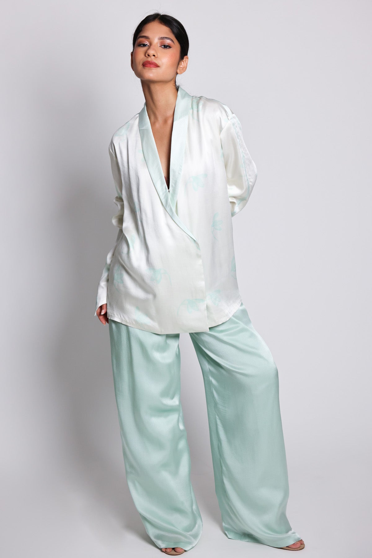 Arya Giri Mint Printed Blazer & Palazzo for women online at ScrollnShops