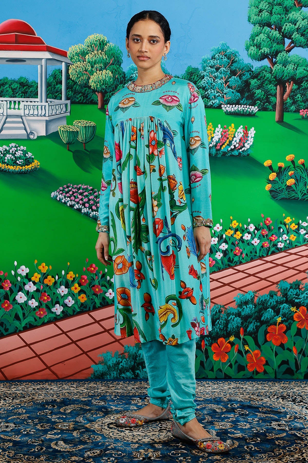 Buy Mint Silk Handcrafted Kurta Set for women by Saksham Neharicka online available at scrollnshops