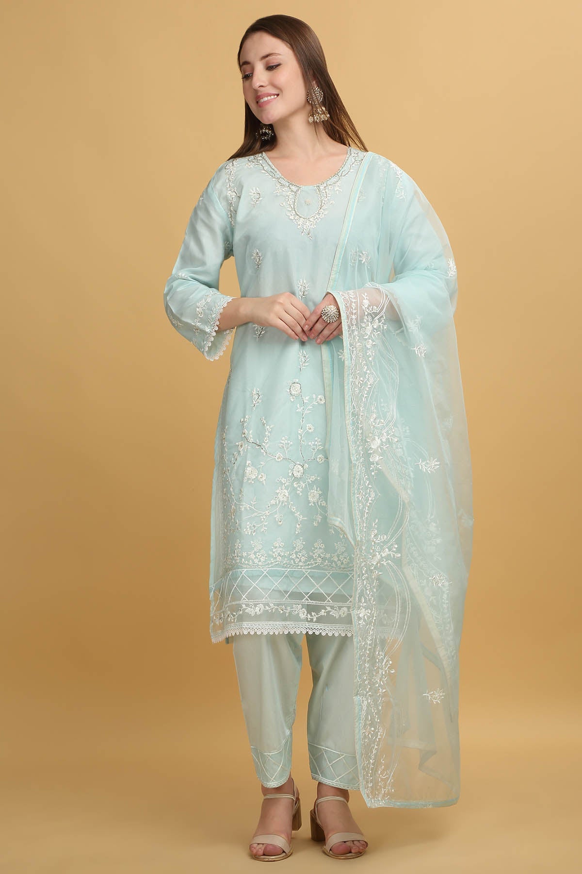 Buy Mint Zari Embroidered Kurta Set by Aham Vayam for women online at ScrollnShops