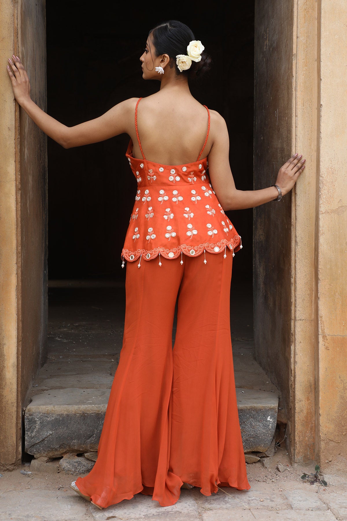 Rust Zari Peplum Top & Sharara