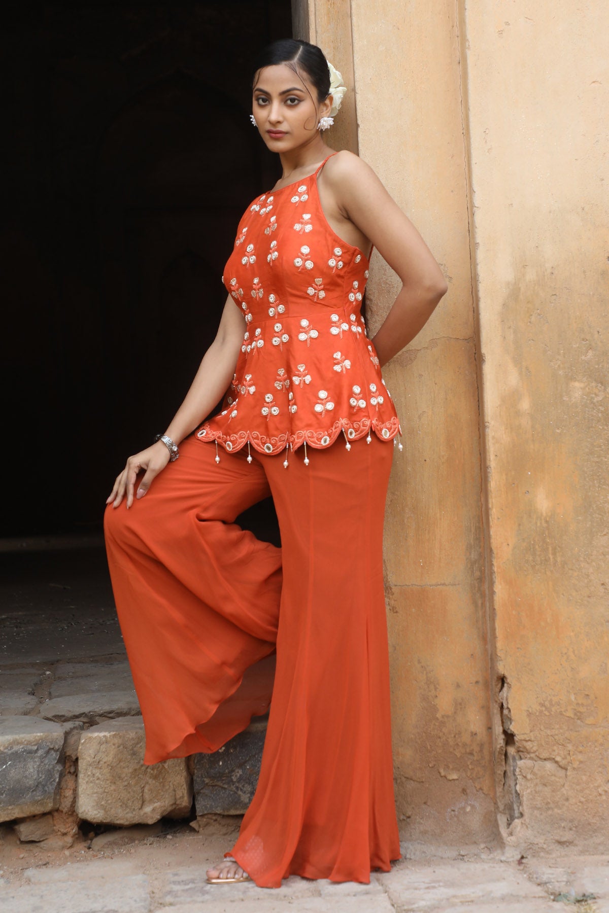 Rust Zari Peplum Top & Sharara