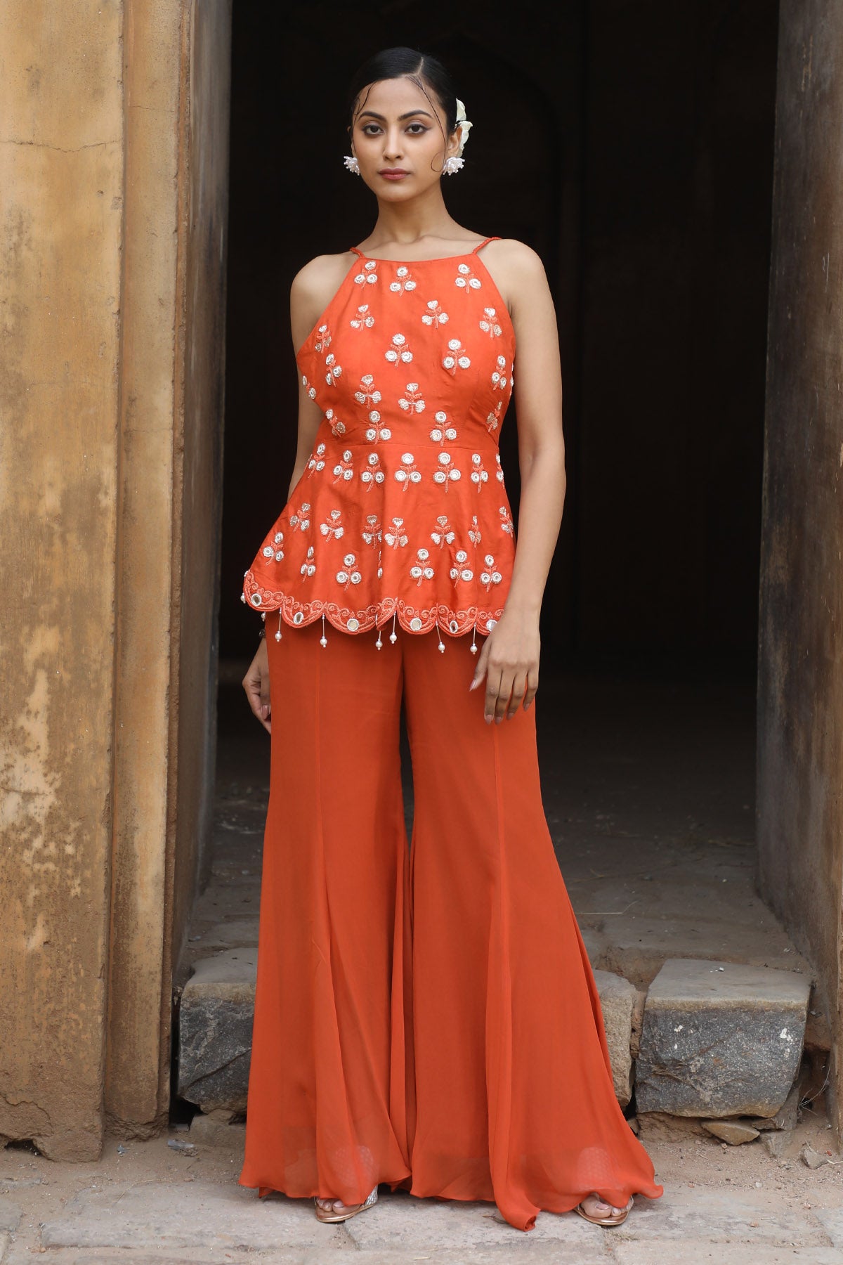 Rust Zari Peplum Top & Sharara