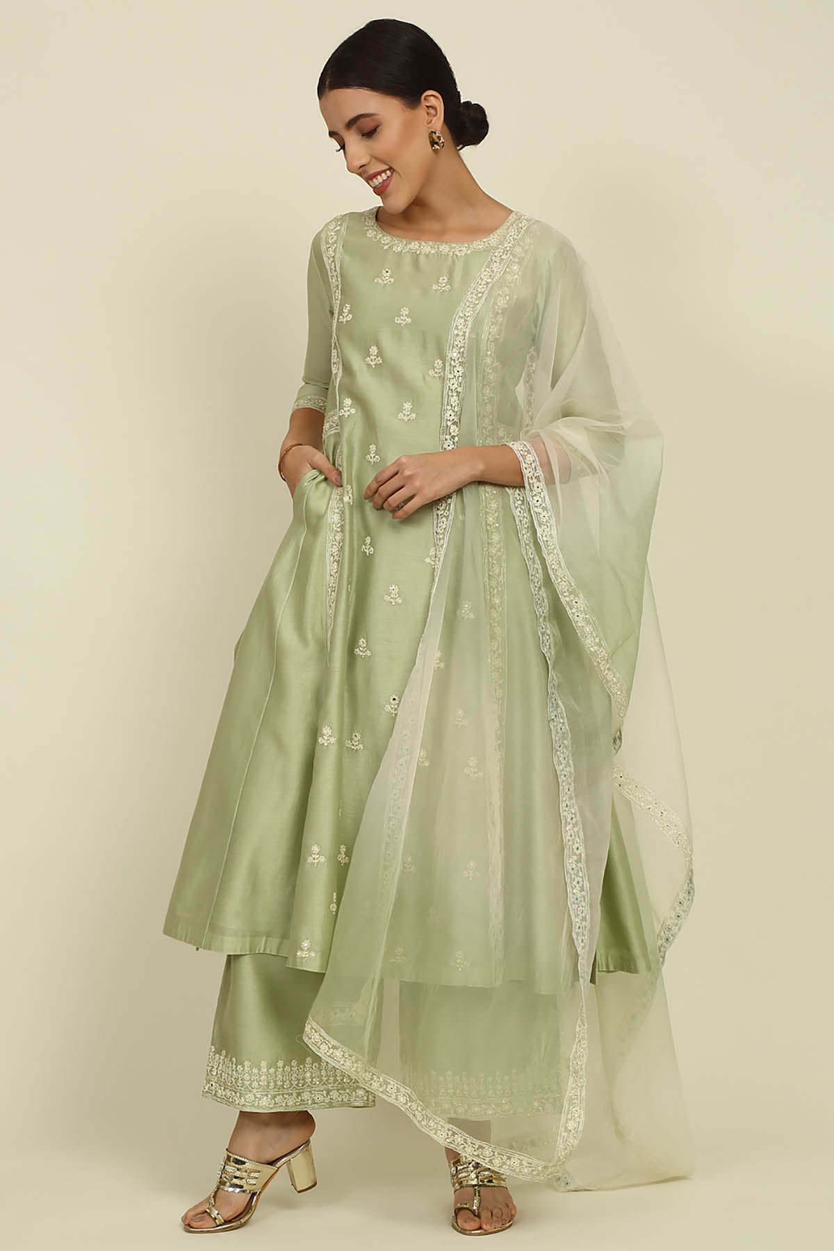 Pista Green Dori Emb Kurta Set