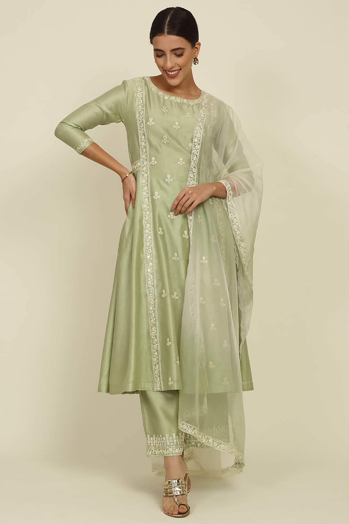 Pista Green Dori Emb Kurta Set