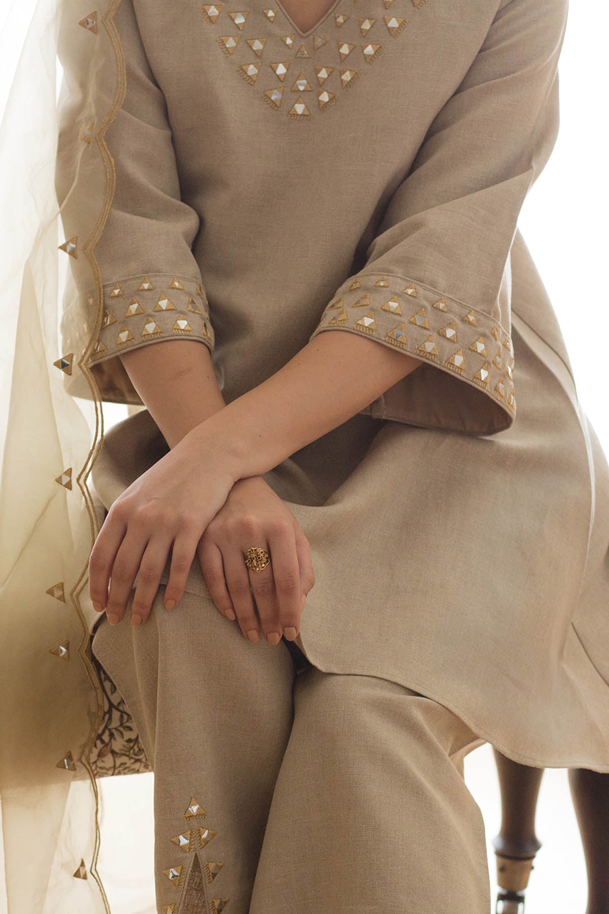 Brown Linen Zari Work Kurta Set