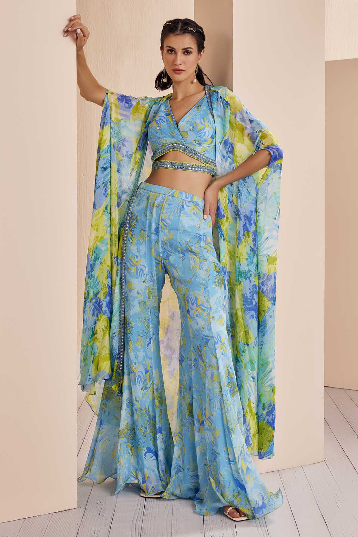 Buy Mirror Embroidered Cape & Sharara Set by Mandira Wirk