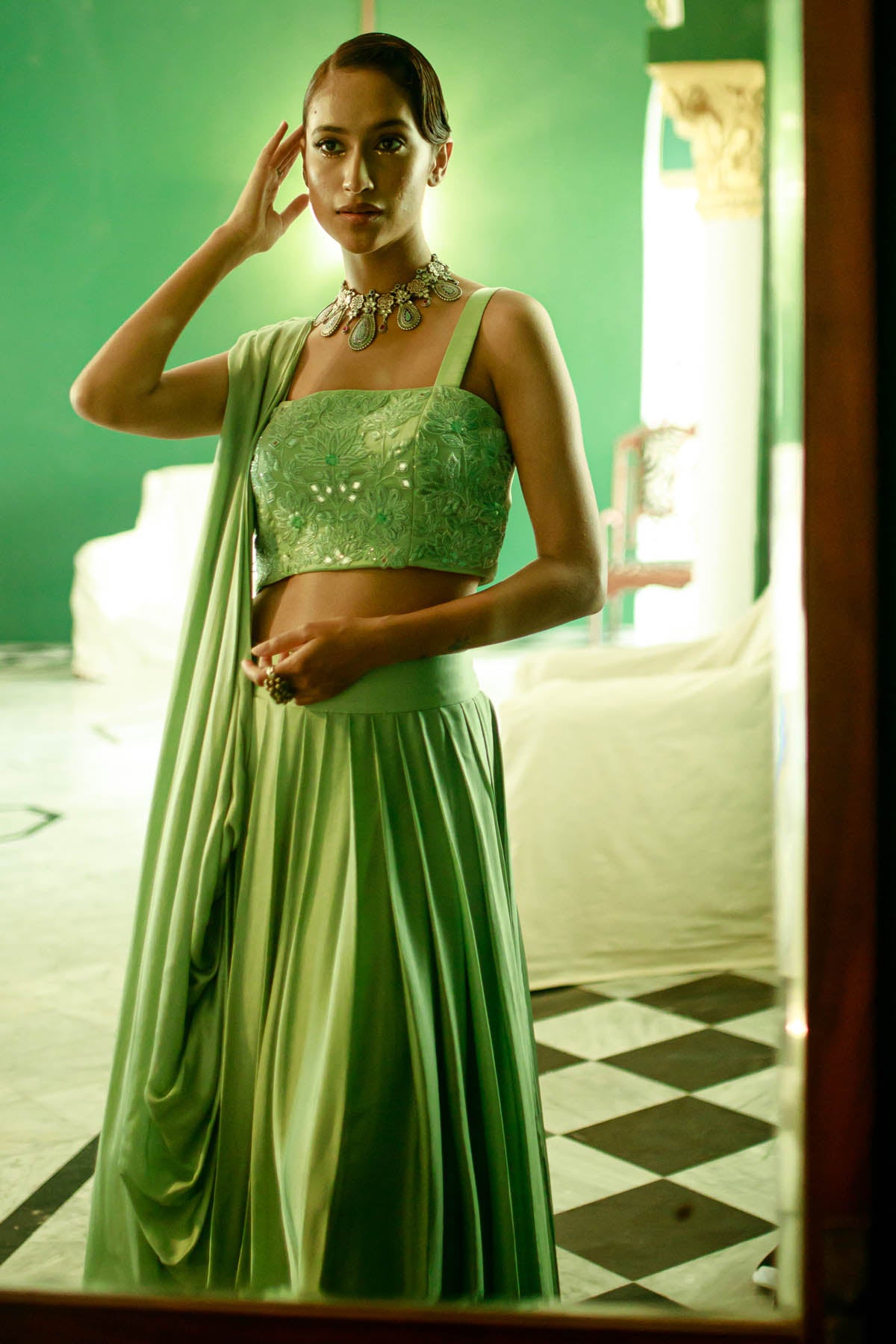 Pista Green Mirror Lehenga Set