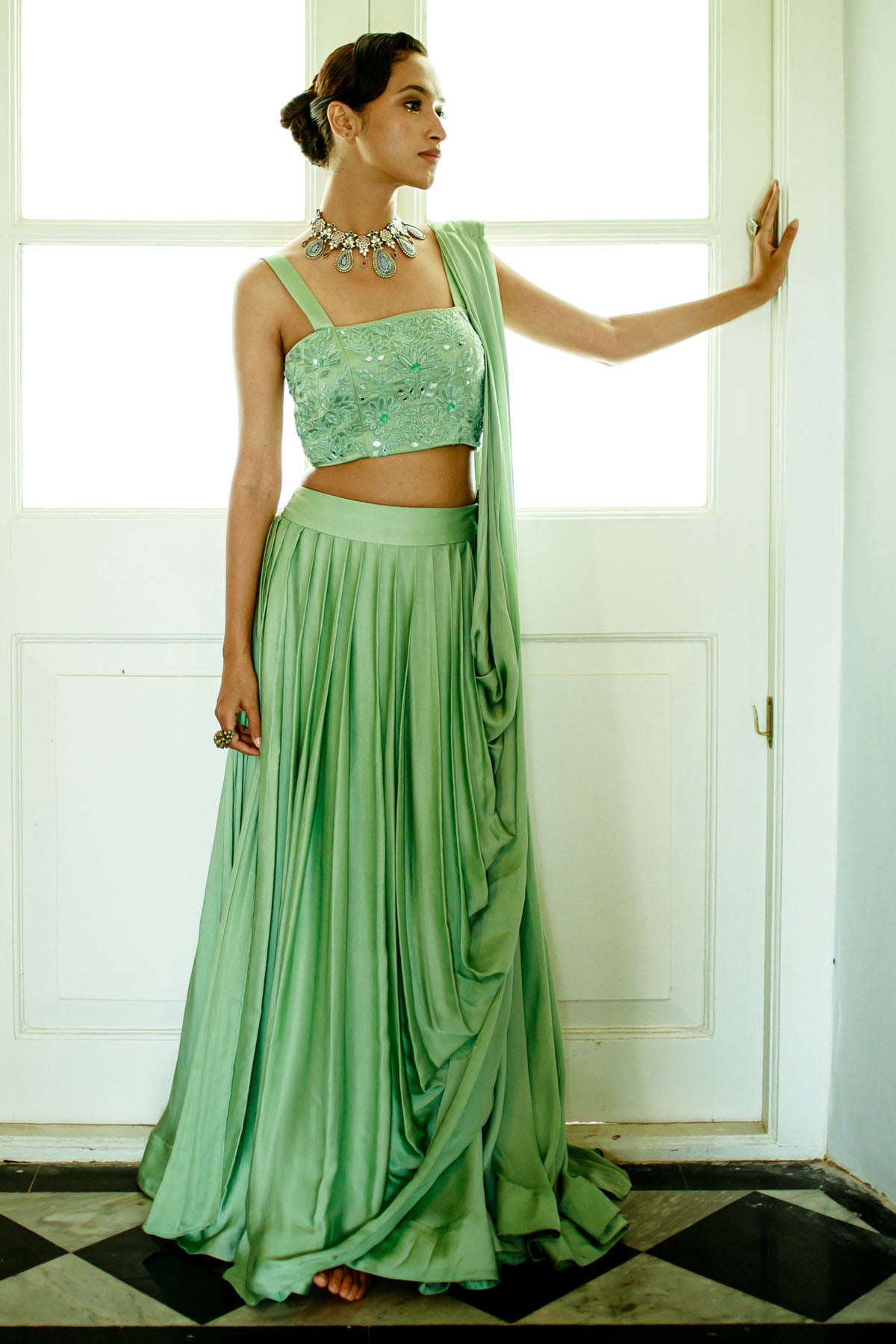 Pista Green Mirror Lehenga Set