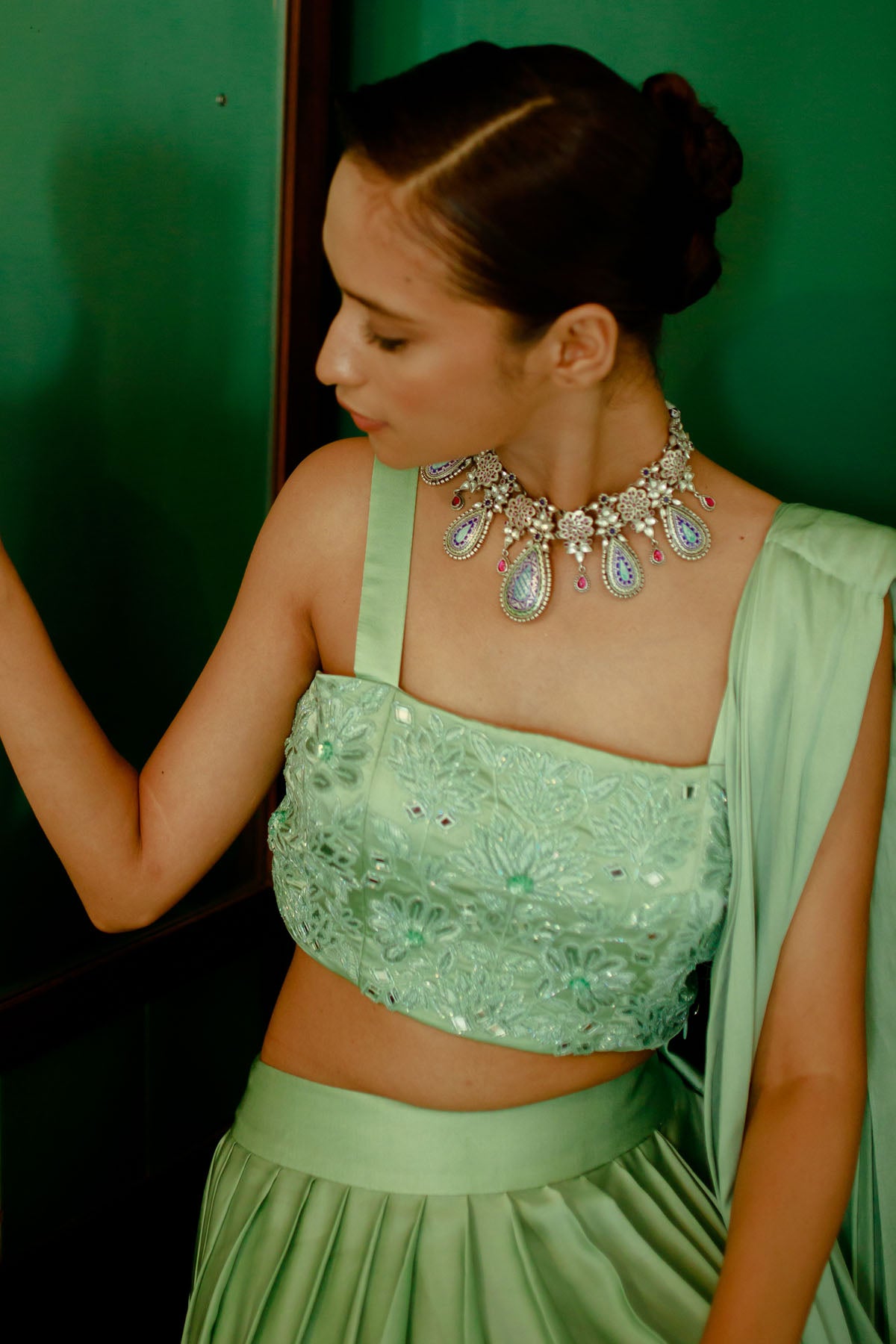 Pista Green Mirror Lehenga Set