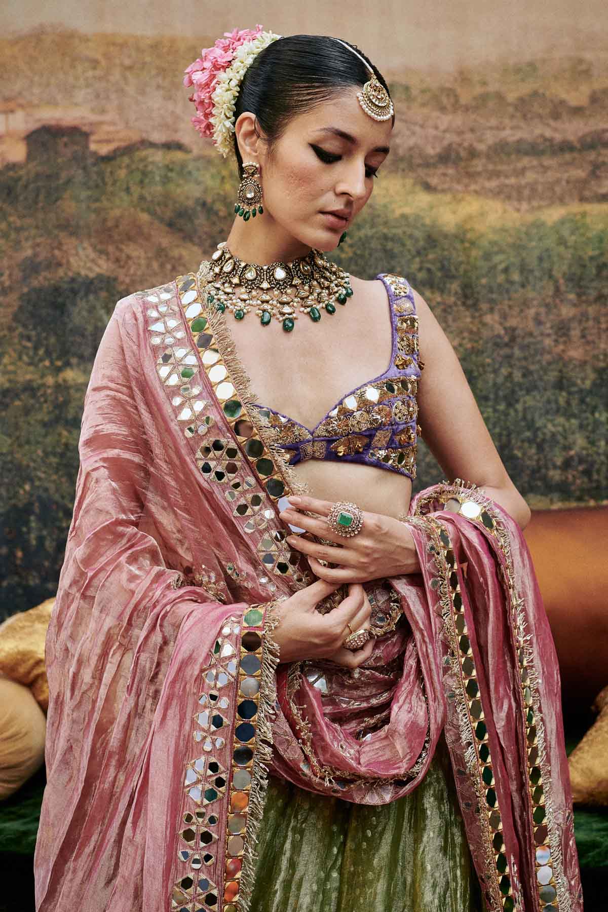 Mirror Work Green Lehenga Set