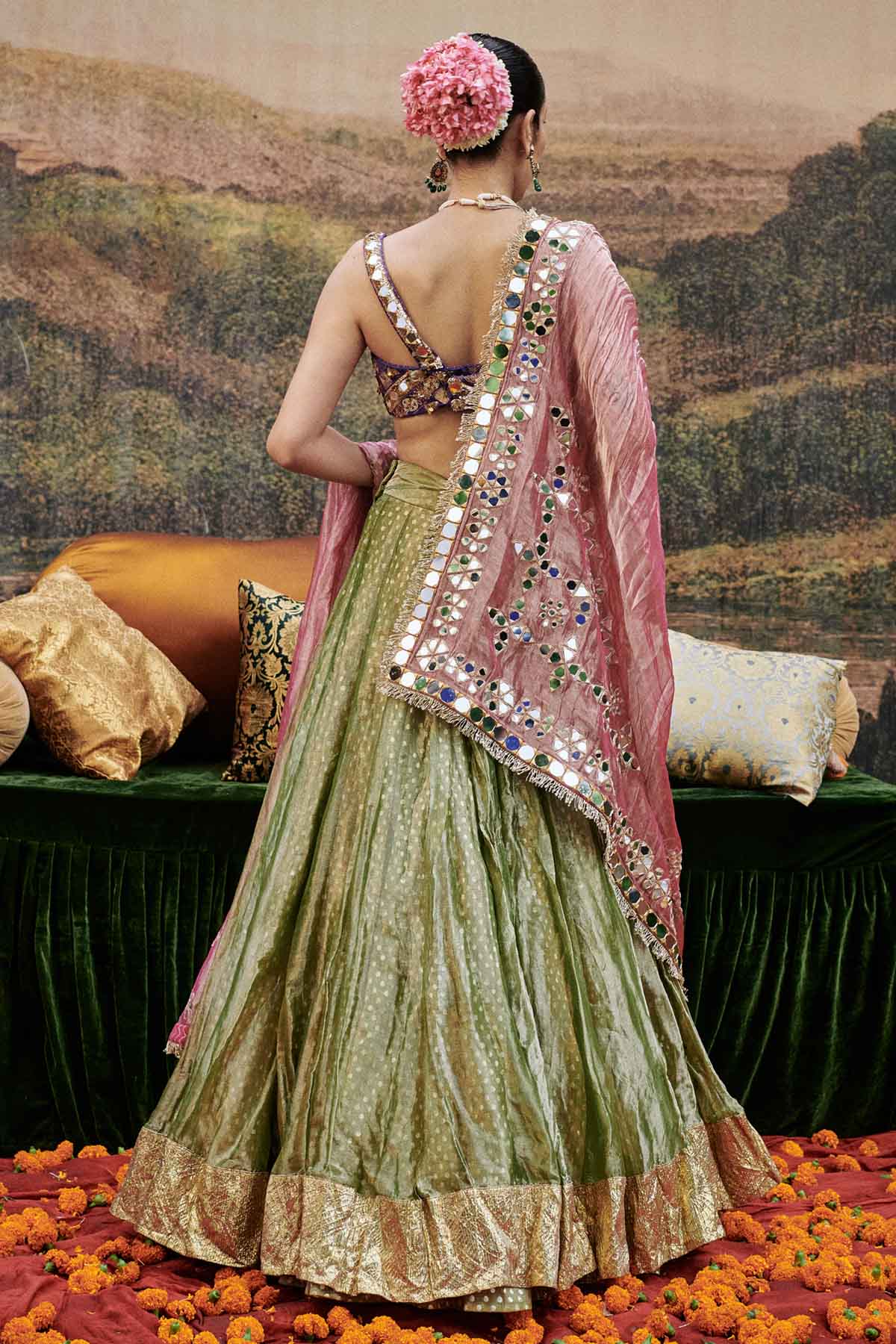 Mirror Work Green Lehenga Set