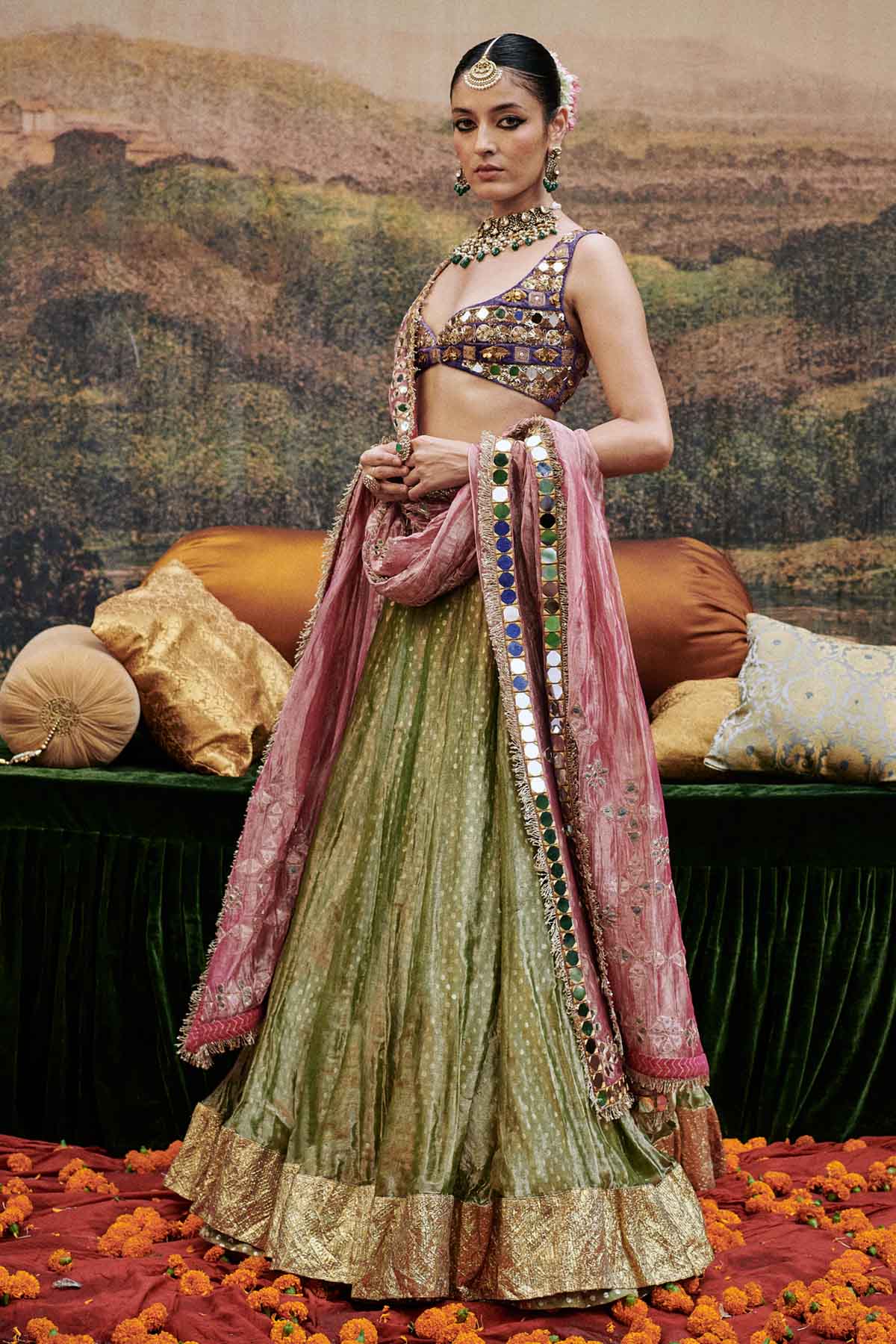 Mirror Work Green Lehenga Set