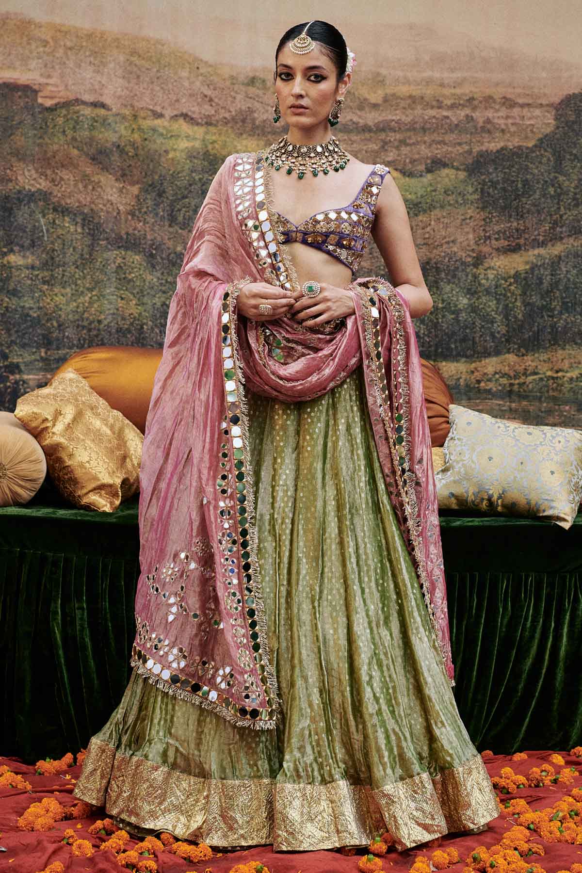 Buy ITRH, Designer Mirror Work Green Lehenga Set Online