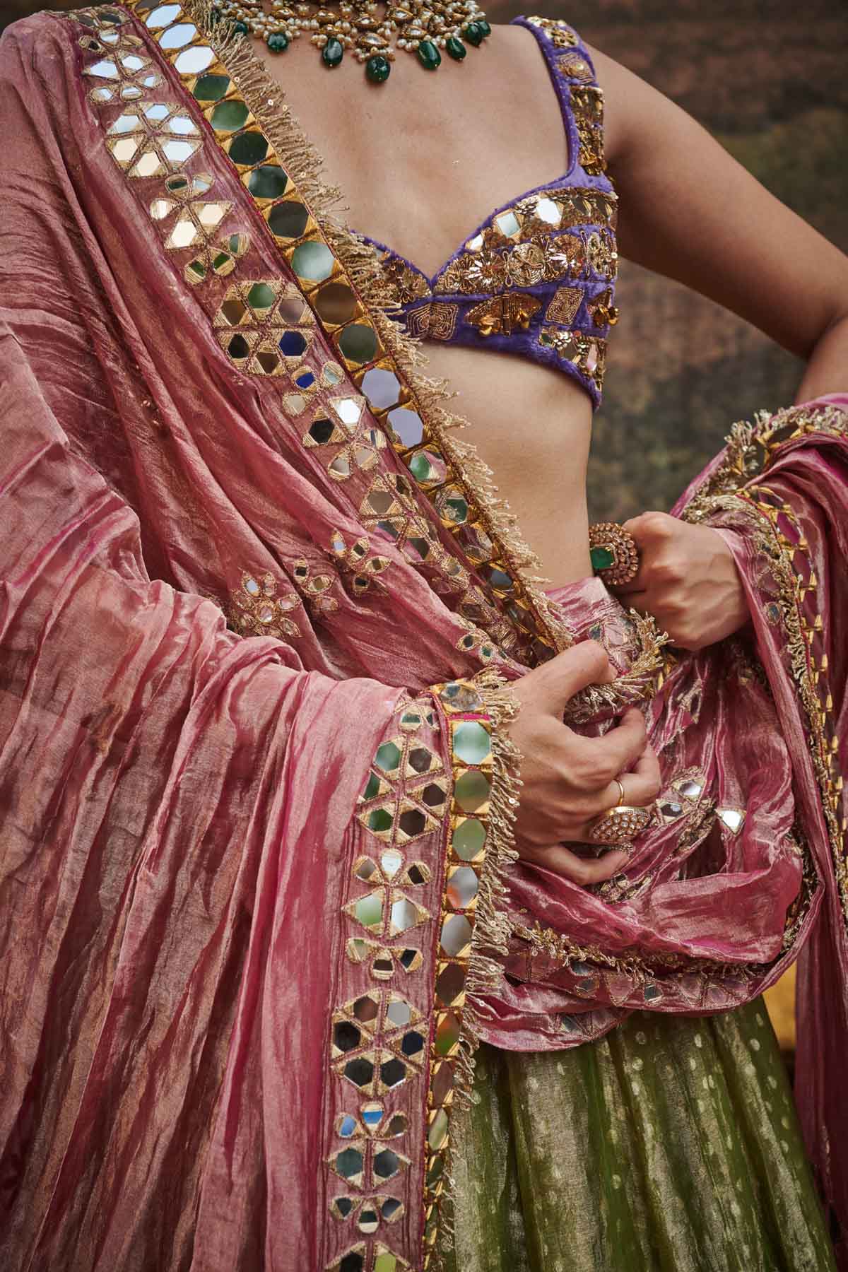 Mirror Work Green Lehenga Set