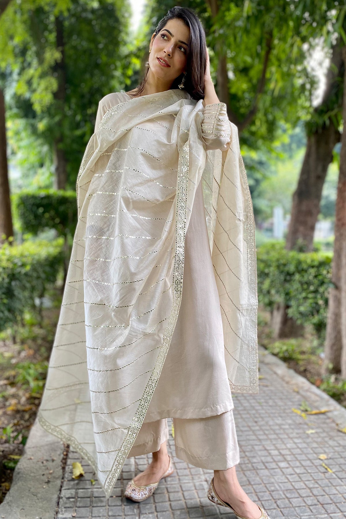 Mirror Work Off White Kurta Set