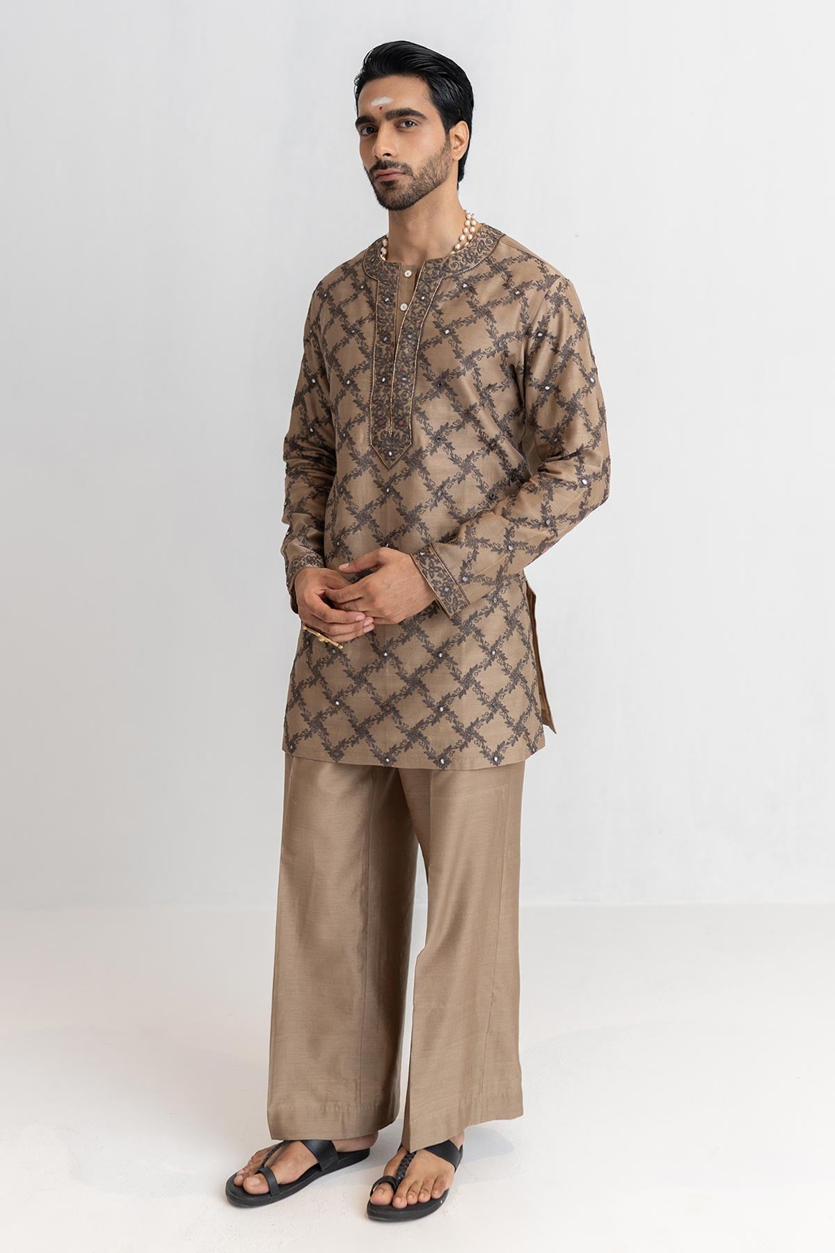 Buy Mocha Beige Aari Kurta & Pants for men by Ajiesh Oberoi online available at scrollnshops