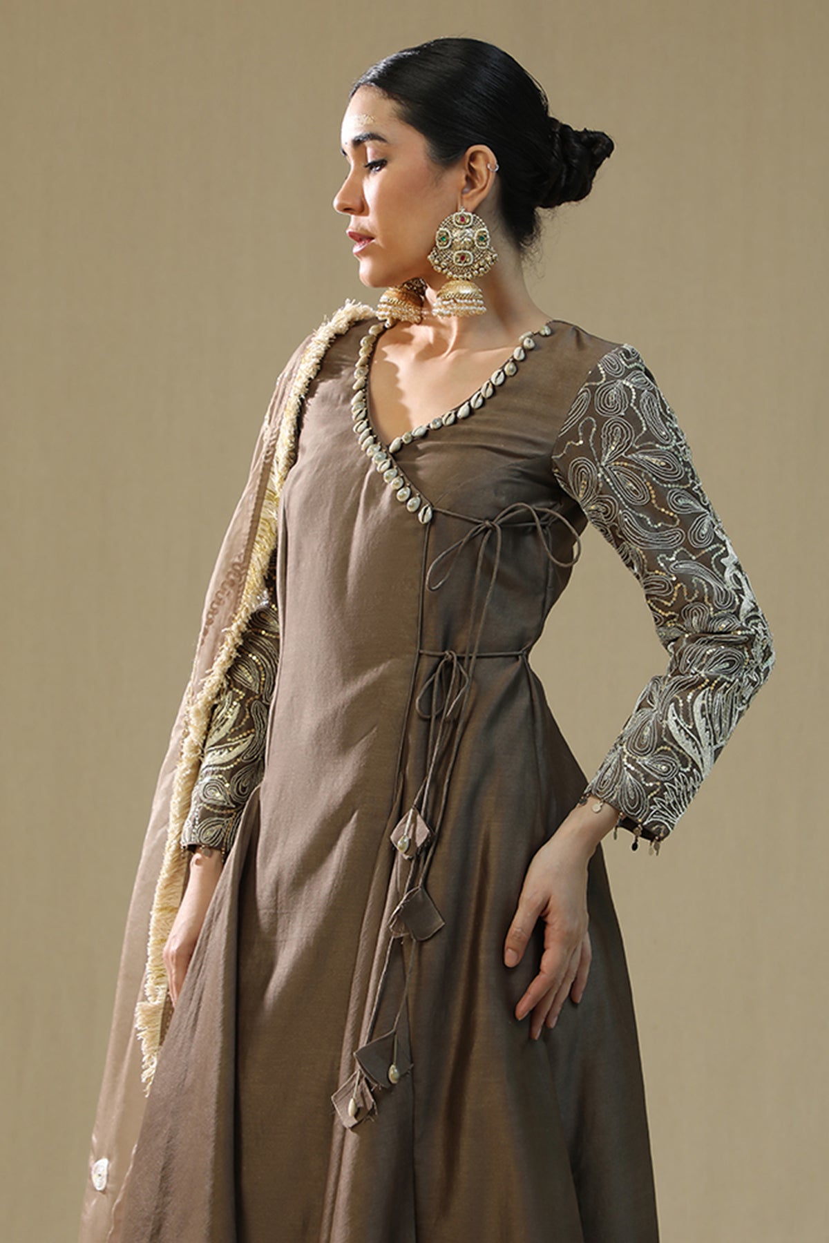 Mocha Dori Angrakha Kurta Set