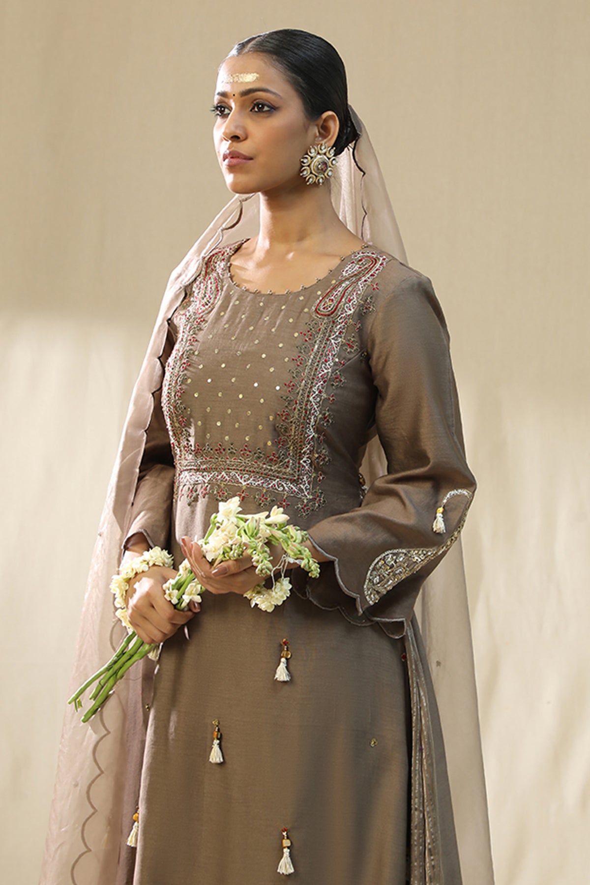 Mocha Resham A-Line Kurta Set