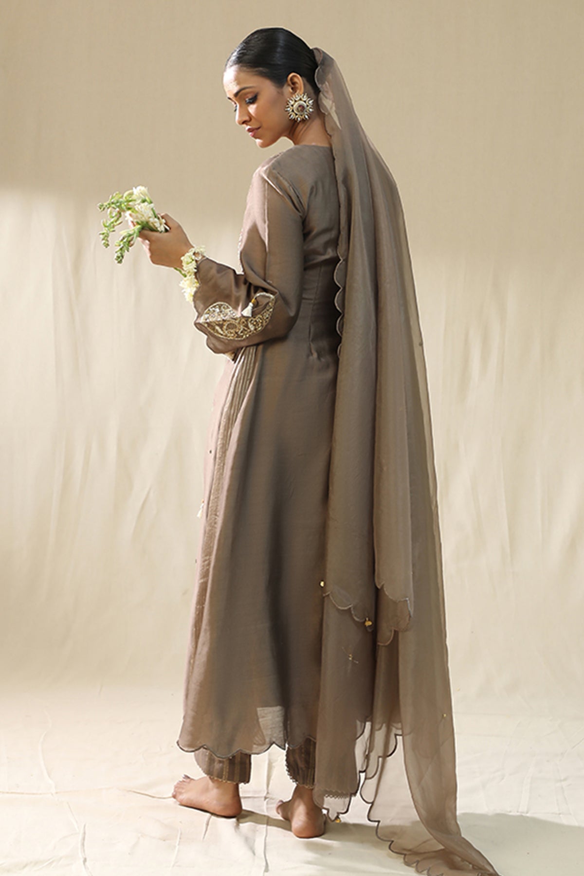 Mocha Resham A-Line Kurta Set