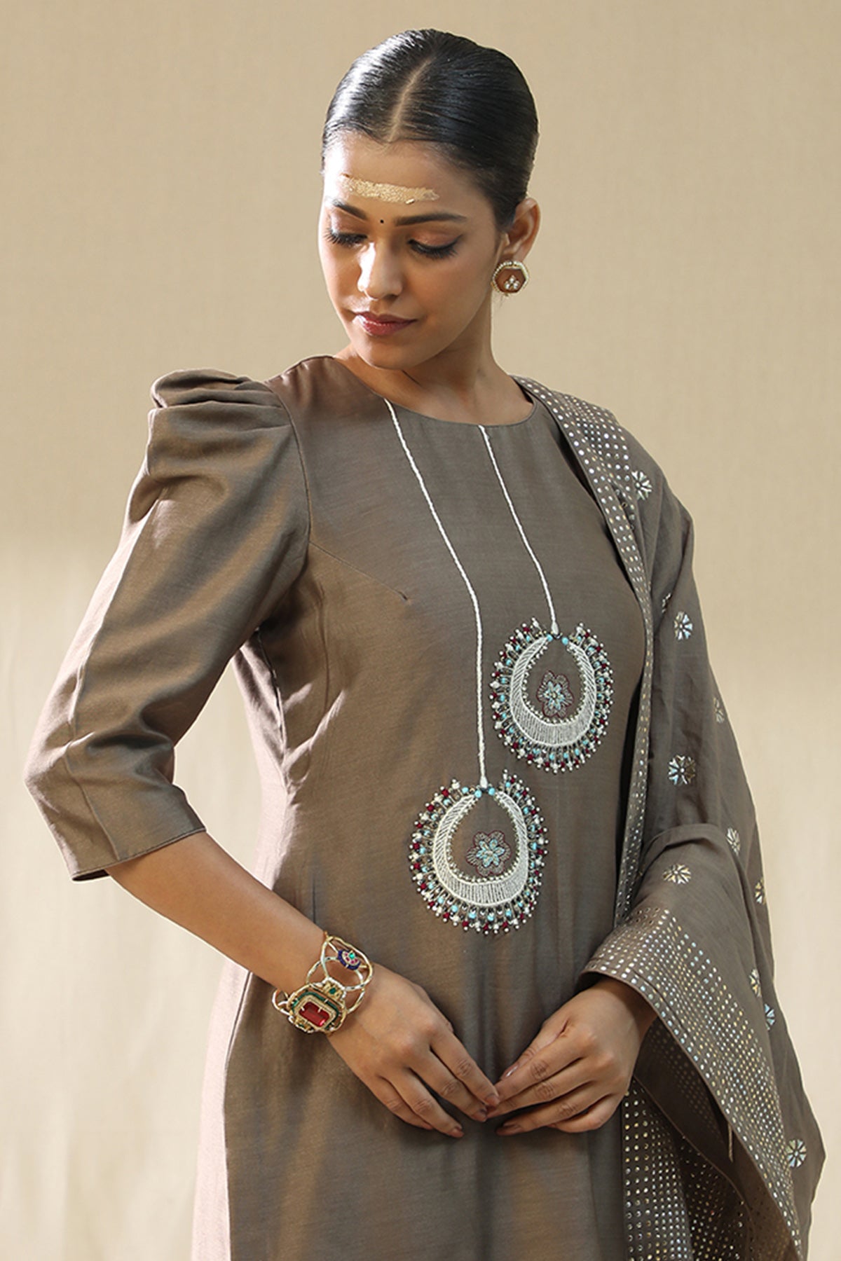 Mocha Resham Work Kurta Set