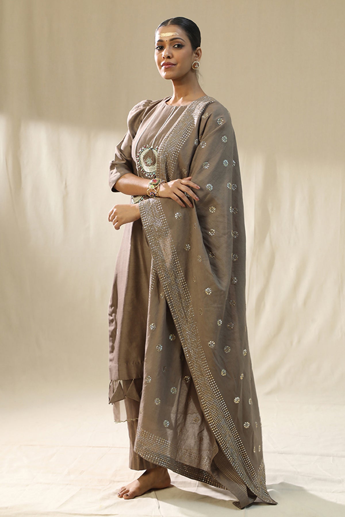 Mocha Resham Work Kurta Set
