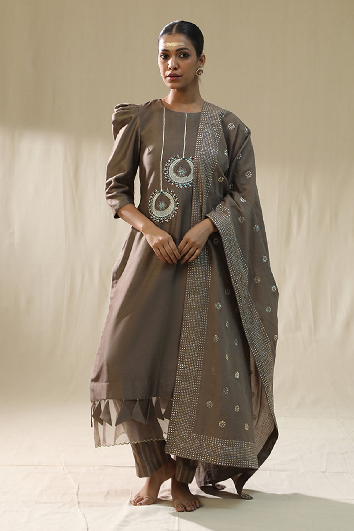 Mocha Resham Work Kurta Set