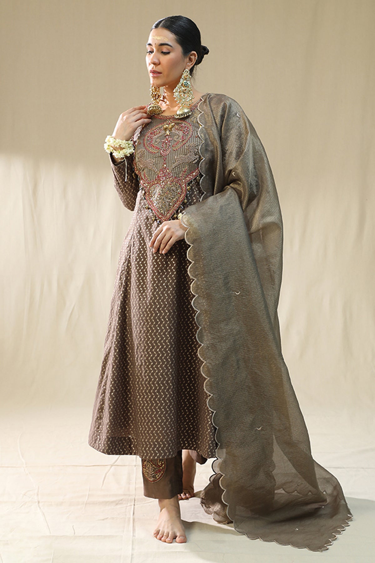 Mocha Round Neck Dori Kurta Set