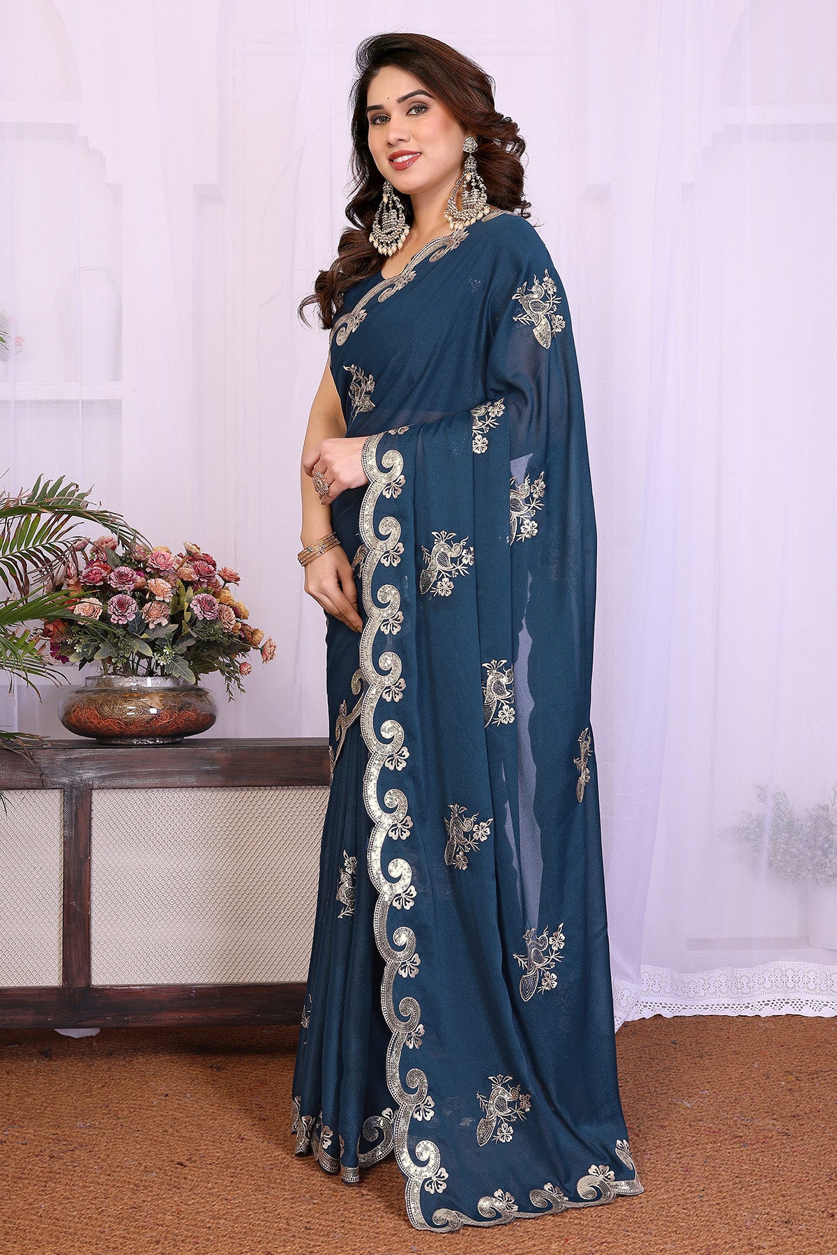 Morpich Embroidery Work Saree