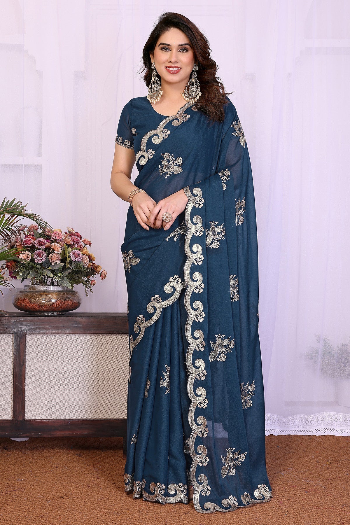 Buy Morpich Embroidery Work Saree for women by Aastha Fashion online available at scrollnshops