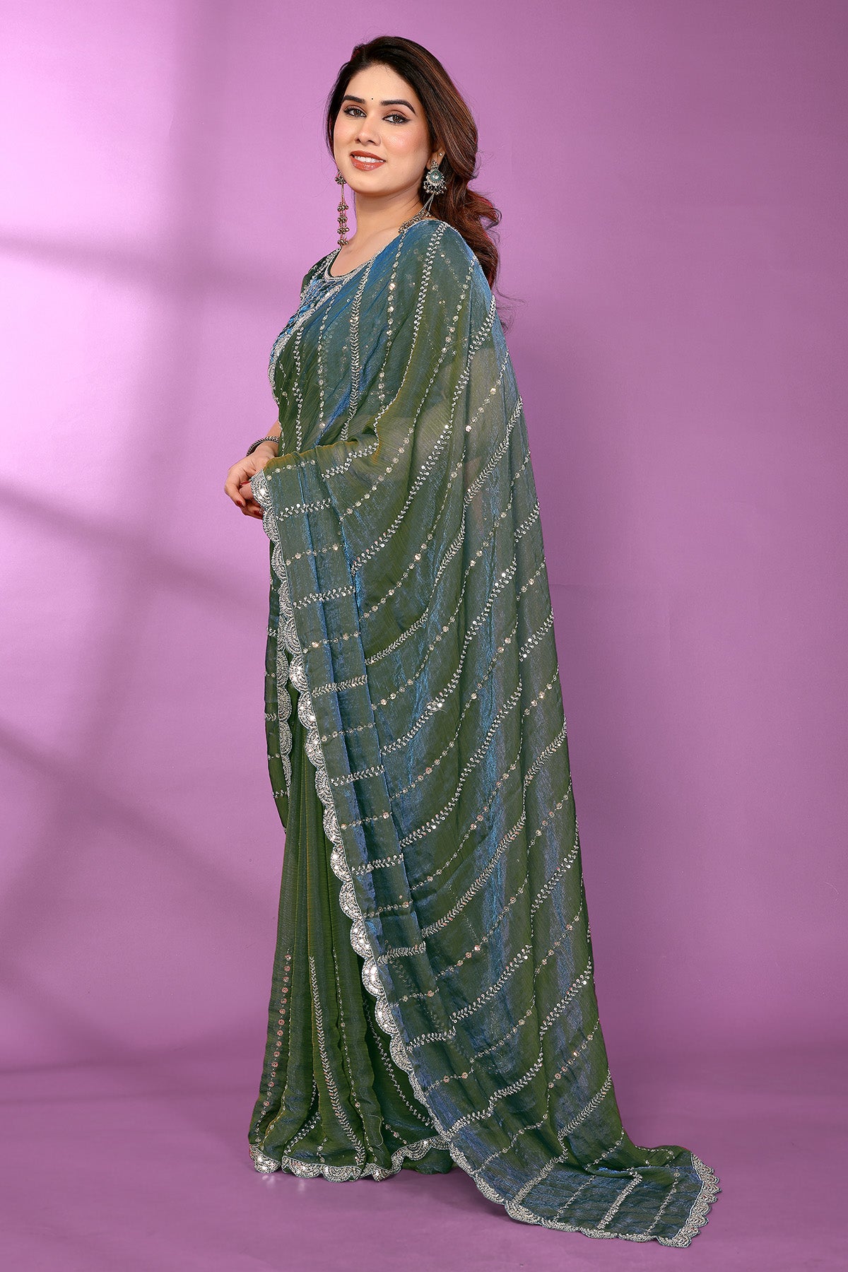 Morpich Silk Satin Beaded Saree