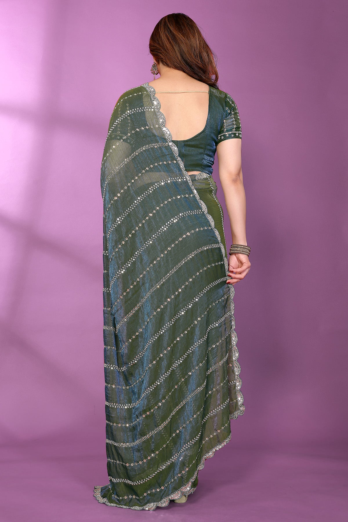 Morpich Silk Satin Beaded Saree