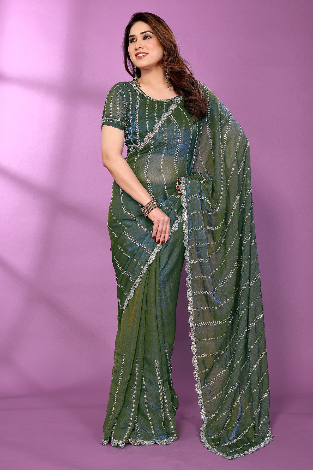 Morpich Silk Satin Beaded Saree