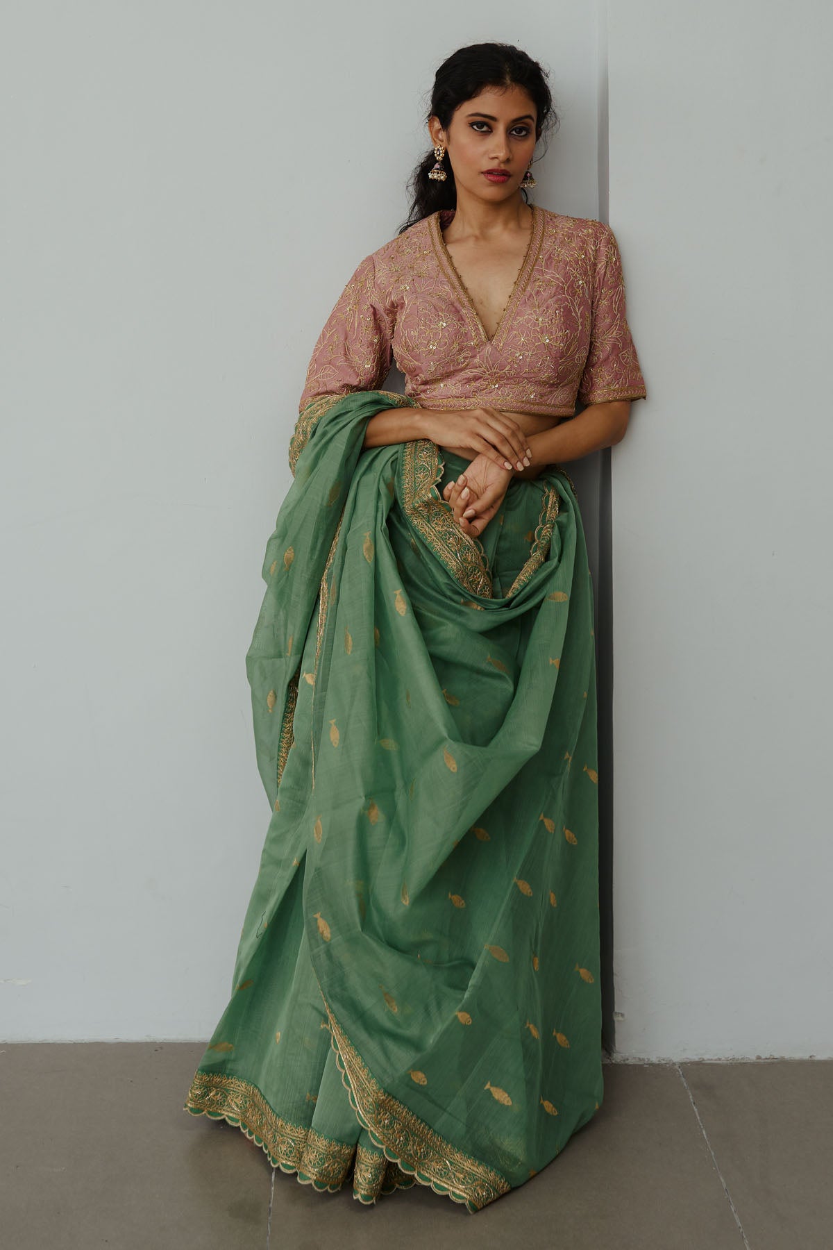 Moss Green Dori Work Saree Set