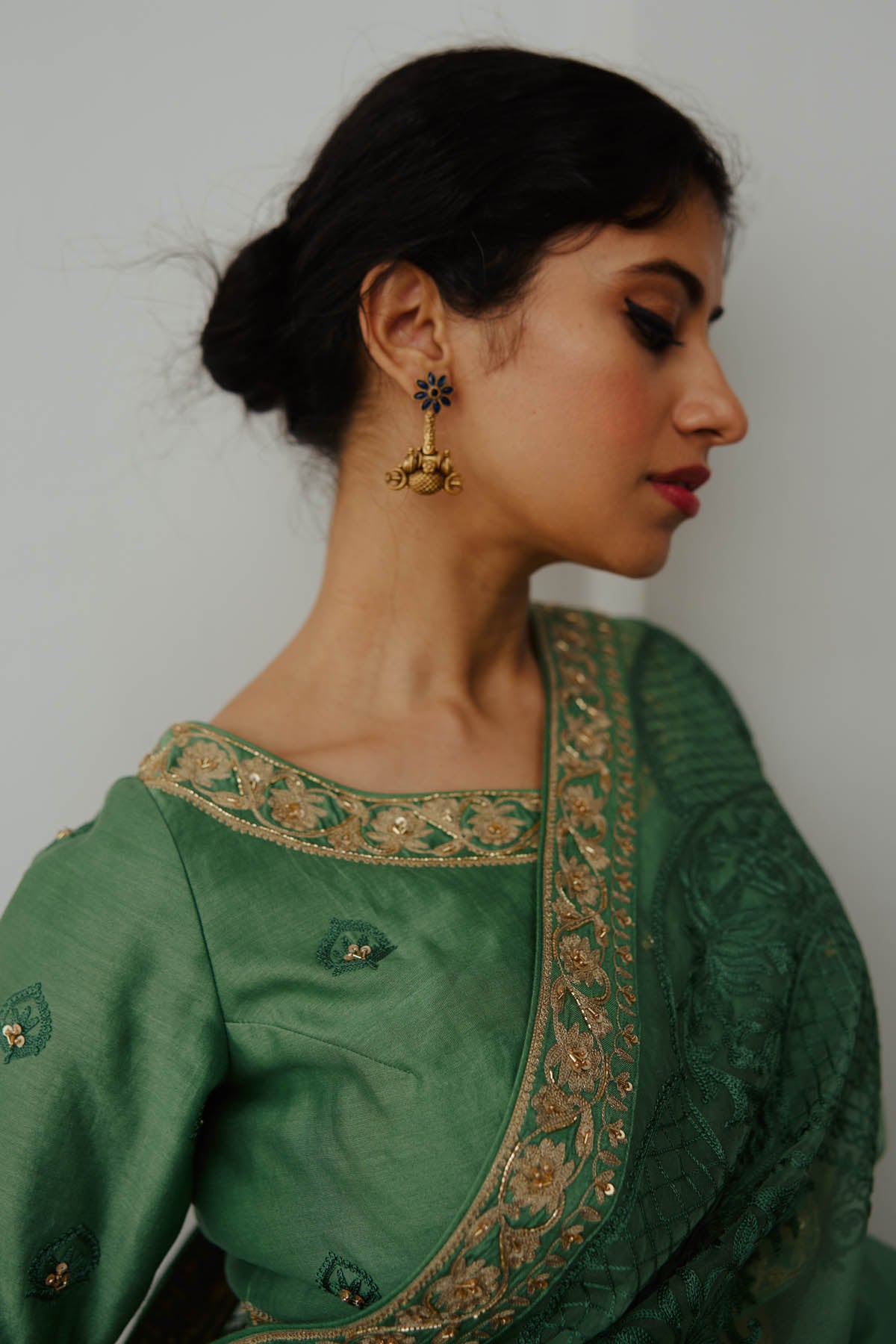 Moss Green Embroidered Saree Set
