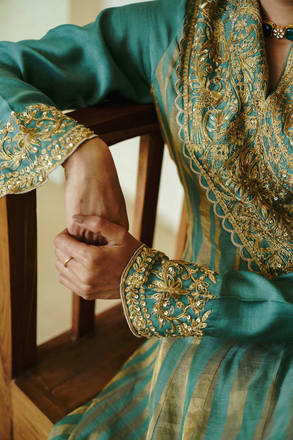 Moss Green Stripe Anarkali Set