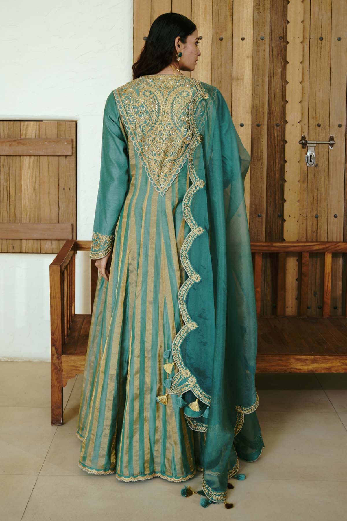 Moss Green Stripe Anarkali Set