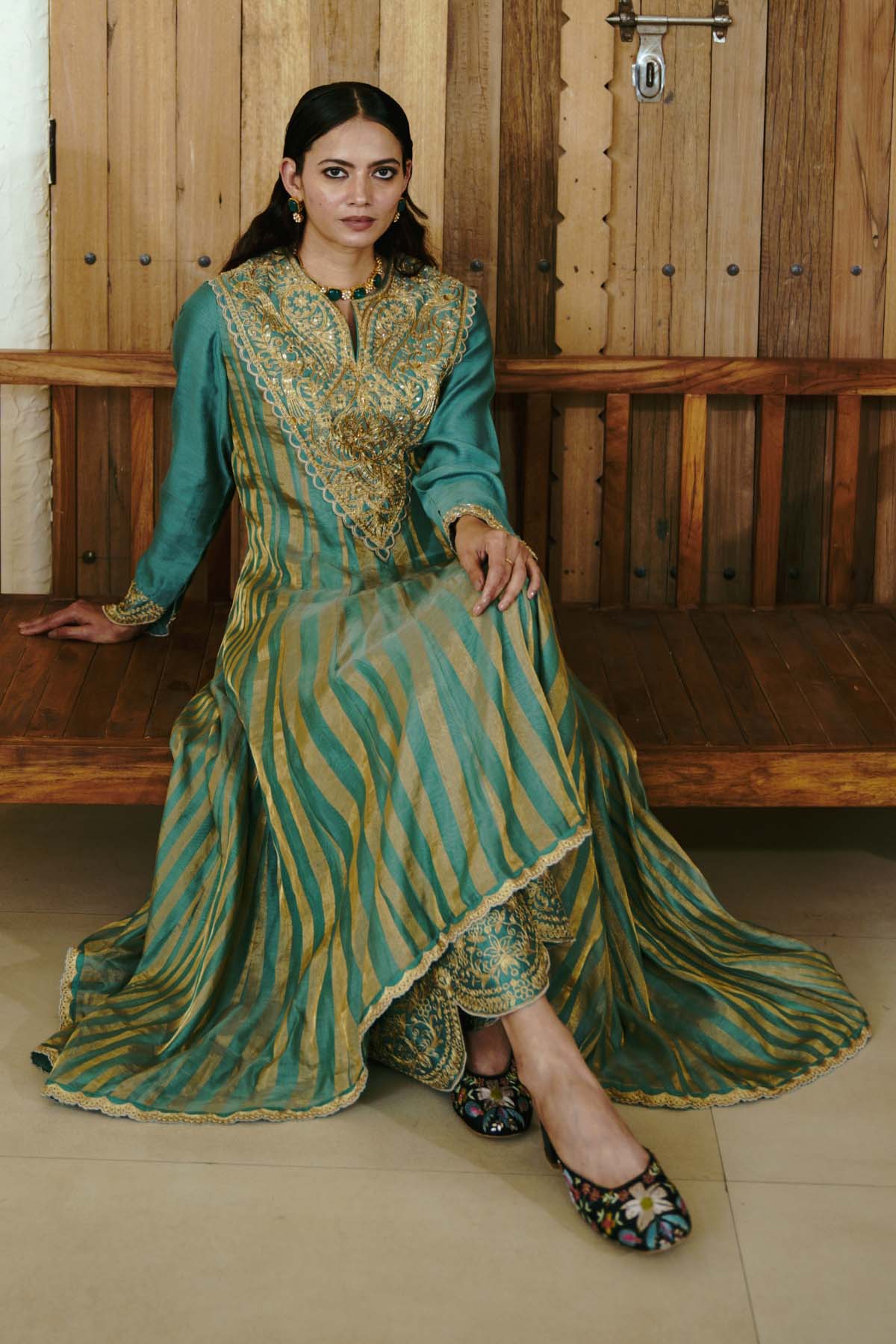 Moss Green Stripe Anarkali Set