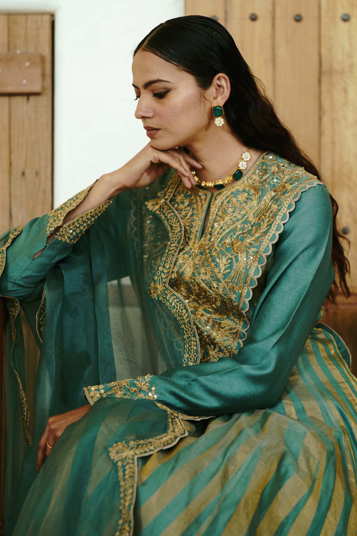 Moss Green Stripe Anarkali Set