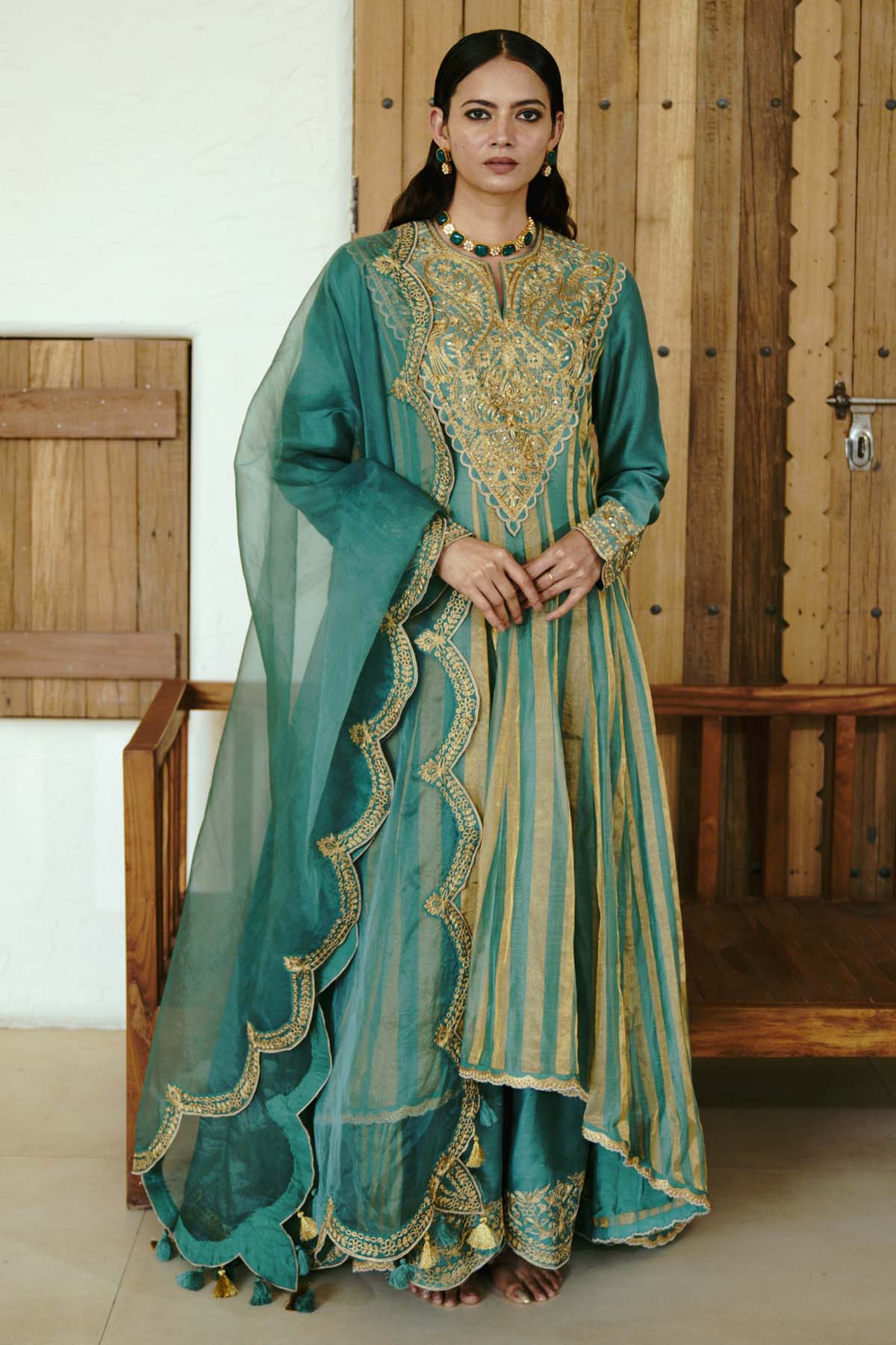 Wabi Sabi Moss Green Stripe Anarkali Set For Women available at ScrollnShops