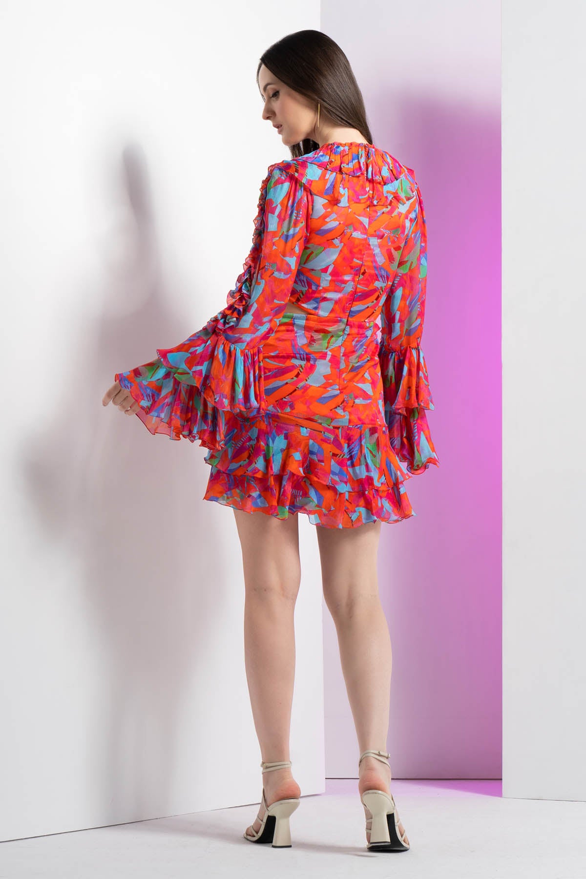 Multi Printed Ruffle Neck Dress