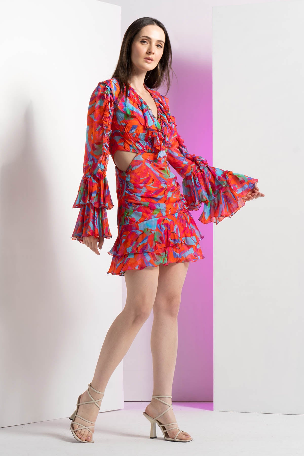 Multi Printed Ruffle Neck Dress