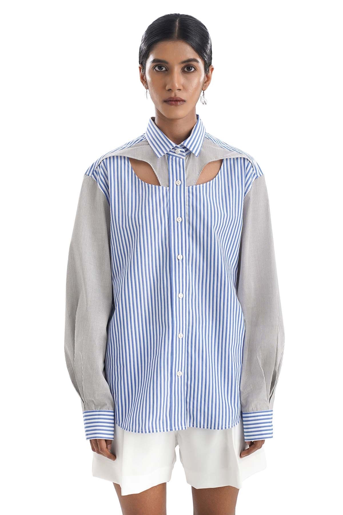 Buy Notre Ame Multi Cutout Blue Stripe Shirt For Women Online at ScrollnShops